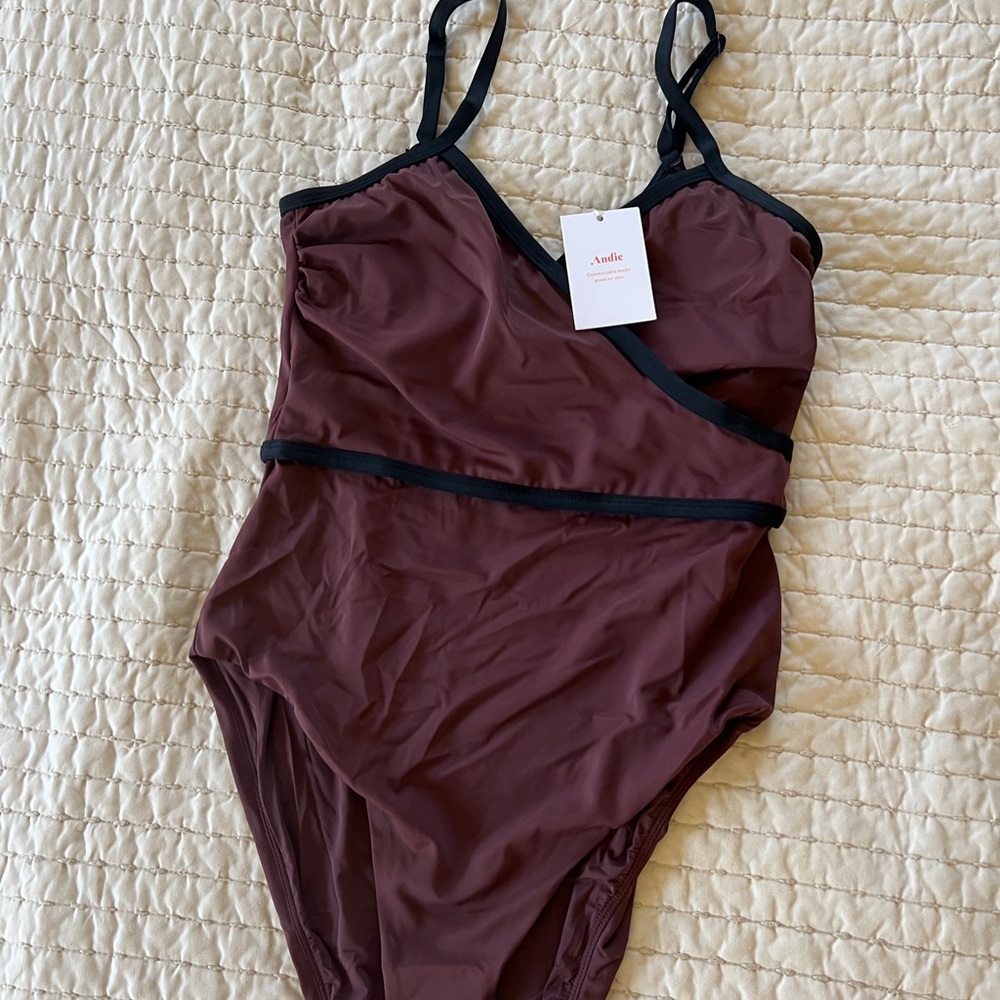 Andie Maroon One-Piece Swimsuit with Black trim - Medium tall torso